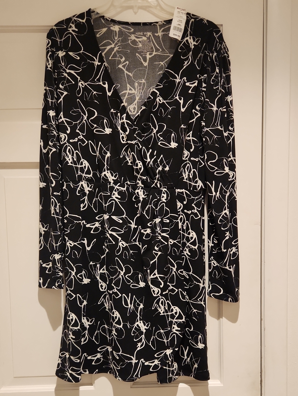 NWT Nine West Black and White Scribble Print Wrap Dress Size L